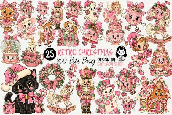 Retro pink Christmas clipart set with 25 PNG images including nutcracker, snowman, wreath, gifts, and festive characters