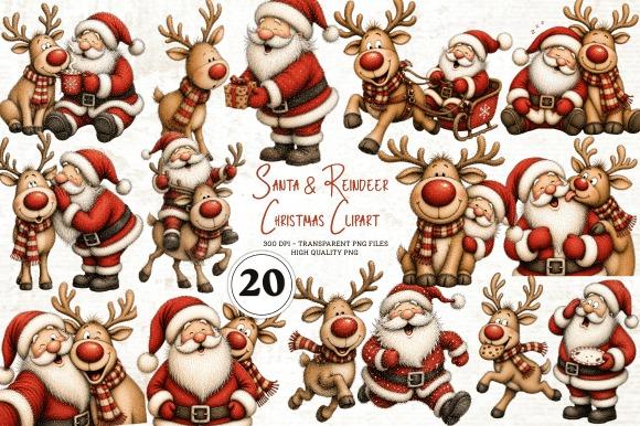 Christmas Clipart featuring Santa and reindeer in various festive poses with transparent backgrounds