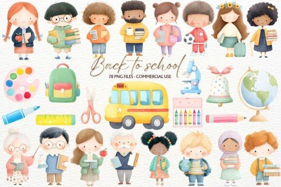 Kids Clipart Picks featuring diverse school children, backpacks, school bus, and educational supplies in whimsical style