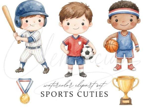 Kids Clipart Picks showing watercolor children playing baseball, soccer, basketball with medals and trophy