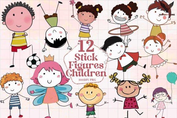 Kids Clipart Picks featuring 12 colorful stick figure children in various poses and outfits