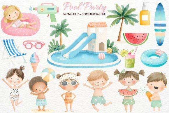 Kids Clipart Picks featuring watercolor children in swimsuits with pool floats, surfboards, palm trees, and summer