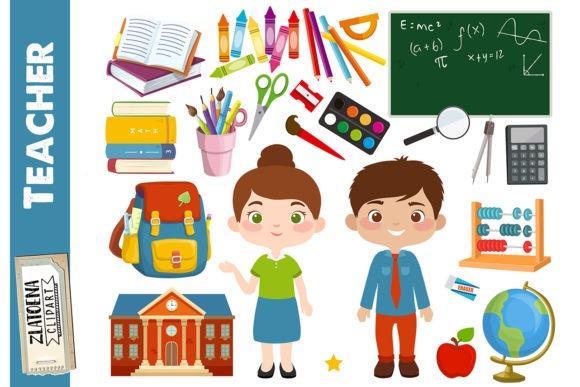 Teacher clipart set with male and female teachers, school supplies, books, globe, and classroom tools