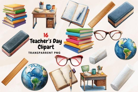 Teacher clipart set with books, desk, globe, glasses, ruler, eraser, and open notebook in PNG format for Teacher's Day