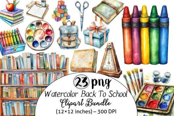 Watercolor teacher clipart with school supplies including books, crayons, paint palette, scissors, backpack, and gift box