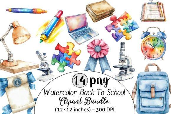 Watercolor teacher clipart bundle with school supplies, puzzle pieces, microscope, laptop, and backpack
