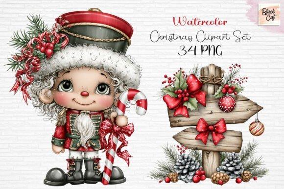 Watercolor Christmas Clipart featuring a cute character in festive attire holding a candy cane and decorated wooden sign