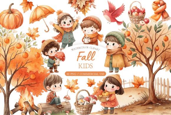 Kids Clipart Picks featuring watercolor autumn children with woodland and fall elements for seasonal projects