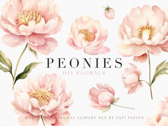 Watercolor flower clipart of dusty pink peonies with green leaves in soft pastel tones