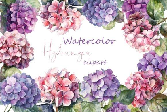Watercolor hydrangea flower clipart with purple and pink blooms arranged in a frame