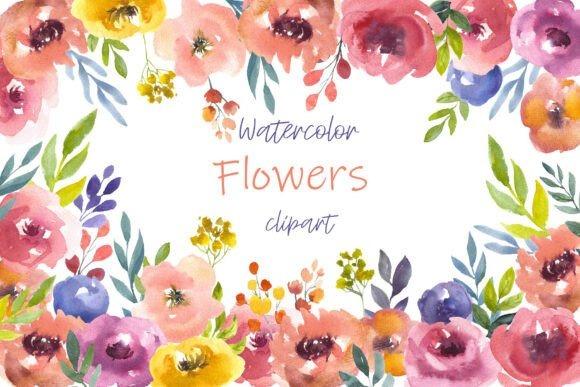 Watercolor flower clipart with pink, purple, yellow, and orange blooms and green foliage on white background