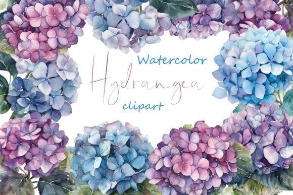 Watercolor hydrangea flower clipart in shades of purple, blue, and pink with green leaves arranged around text