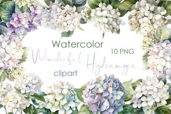 Watercolor flower clipart featuring hydrangea bouquets with soft pastel colors and green leaves on transparent background