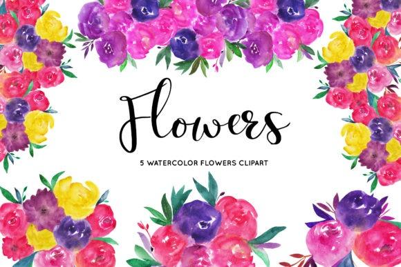 Watercolor flower clipart with pink, purple, yellow, and red flowers arranged around text