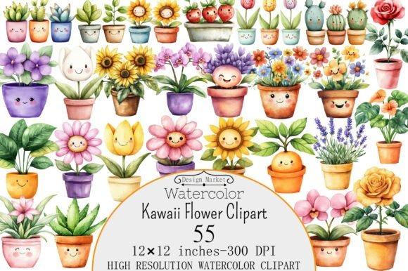 Watercolor kawaii flower clipart with playful floral characters in colorful pots for crafts and — Flower Clipart Picks