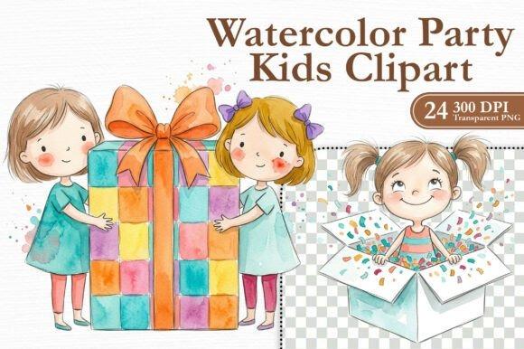 Watercolor kids clipart showing children with large colorful gift boxes and confetti for birthday — Kids Clipart Picks