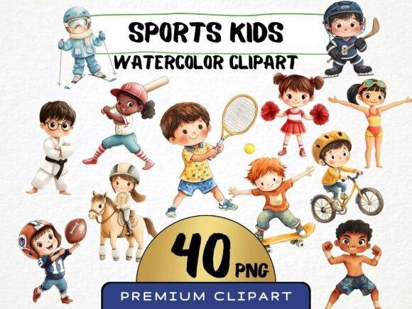 Kids Clipart Picks featuring 40 watercolor sports kids in playful poses including tennis, cycling, cheerleading, and more