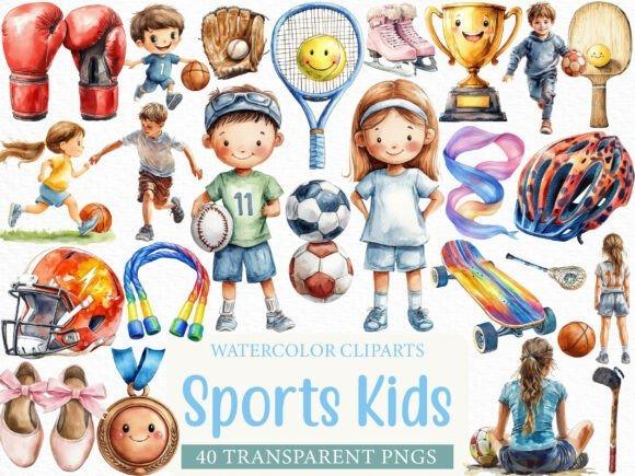 Kids Clipart Picks featuring 40 watercolor sports graphics with children in various sports outfits and action poses
