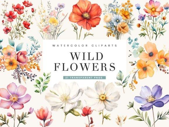 Watercolor wild flower clipart picks with various colorful natural garden flowers in loose botanical style