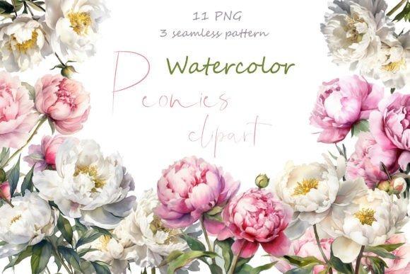 Watercolor flower clipart featuring pink and white peonies with green leaves on transparent backgrounds