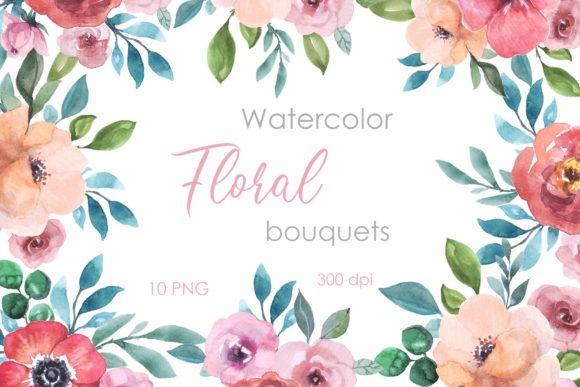 Watercolor flower clipart with pink, peach, and green floral bouquets on transparent background