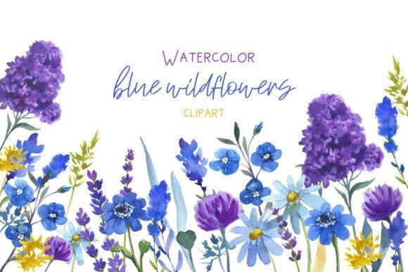 Watercolor flower clipart featuring blue and purple wildflowers with green leaves on transparent background