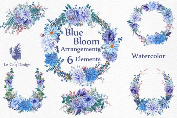Blue flower clipart wreaths and arrangements in watercolor style with six elements for wedding invitations