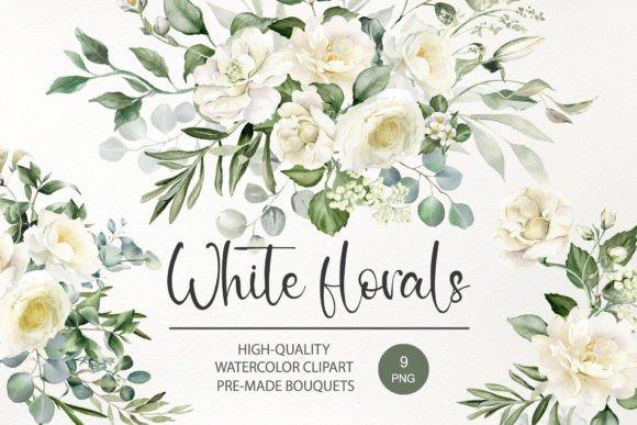 Watercolor white rose flower clipart picks with elegant floral bouquets and greenery