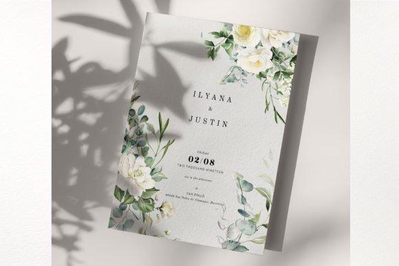 Elegant wedding invitation with watercolor white rose flower clipart picks and greenery accents