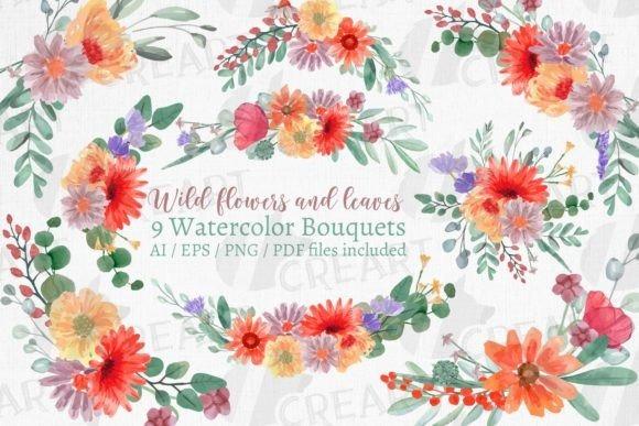 Watercolor wildflower bouquets in various loose arrangements with red, orange, purple, and yellow flowers in flower clipart
