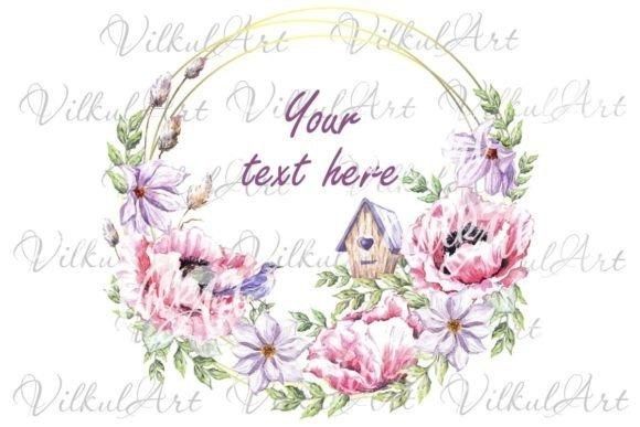 Watercolor flower clipart wreath with pink and purple flowers and a small birdhouse, centered text space