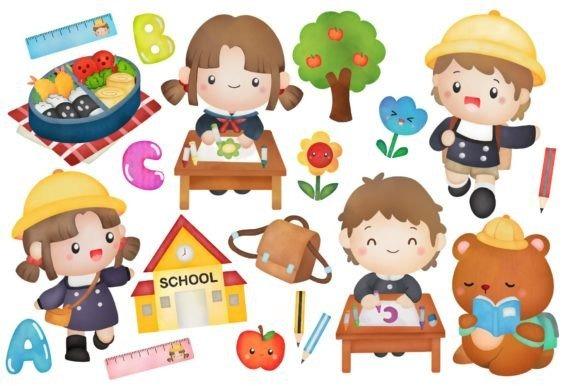 Kids Clipart Picks featuring preschool children, school items, and animals in soft watercolor style