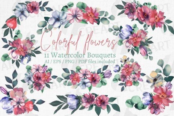 Watercolor flower clipart featuring 11 colorful floral bouquets with green leaves in PNG, JPG, SVG formats