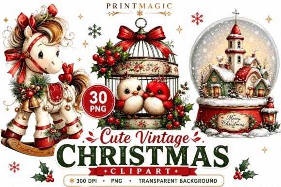 Vintage Christmas Clipart set with horse, birds in cage, and snow globe with church, 30 PNG designs with transparent
