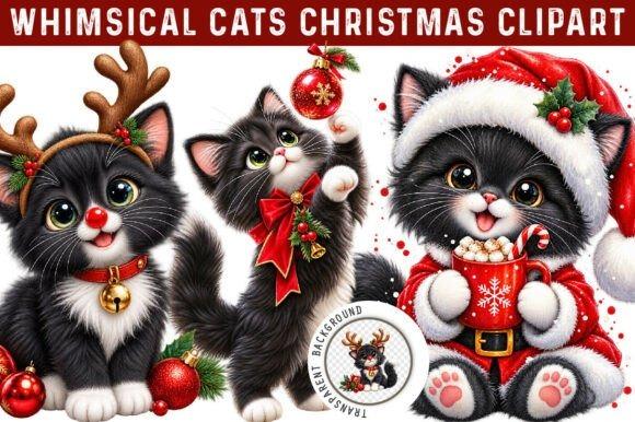 Whimsical cats Christmas clipart featuring three black cats with holiday accessories including antlers, a red bow, and a