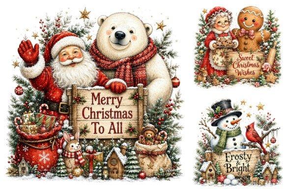 Christmas Clipart featuring Santa Claus, polar bear, gingerbread couple, and snowman with festive signs