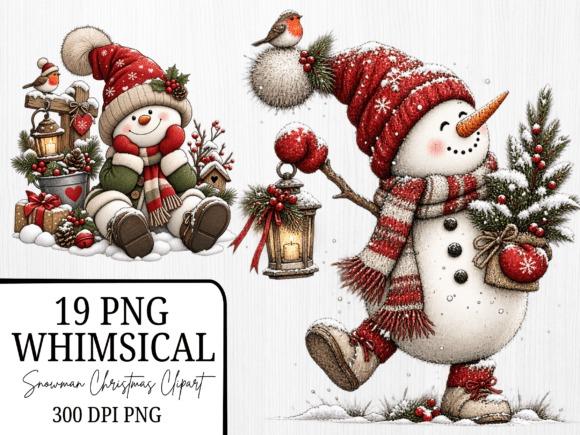 Christmas Clipart featuring whimsical watercolor snowmen in red hats with winter decorations and lanterns