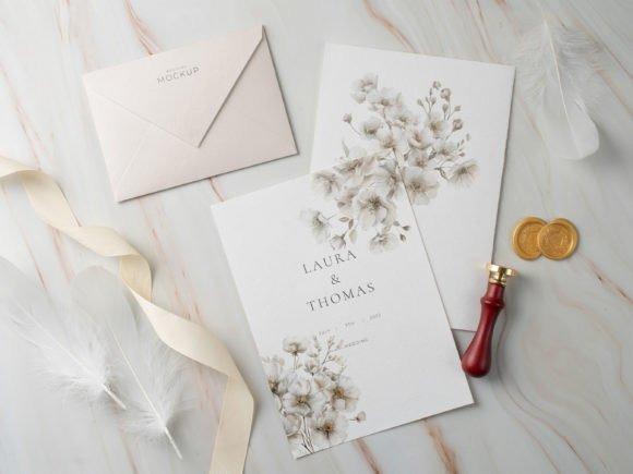 White Rustic Wedding Flower Clipart Set on wedding invitations with envelope and wax seal — Flower Clipart Picks