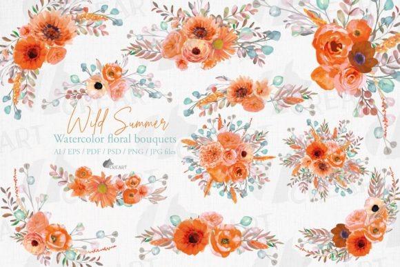 Orange watercolor flower clipart bouquets with green and brown leaves in various arrangements