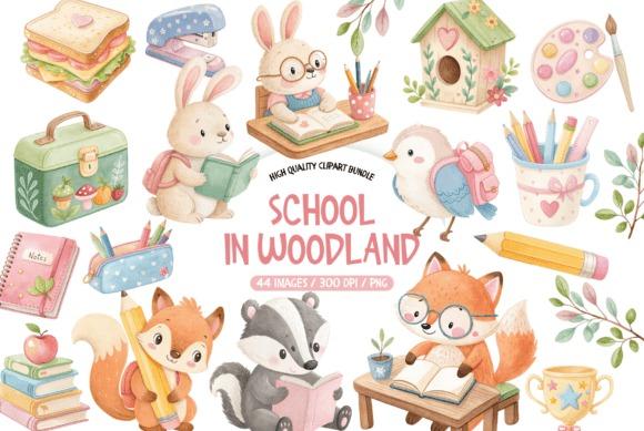 Woodland back to school teacher clipart featuring animals reading and school supplies with nature theme
